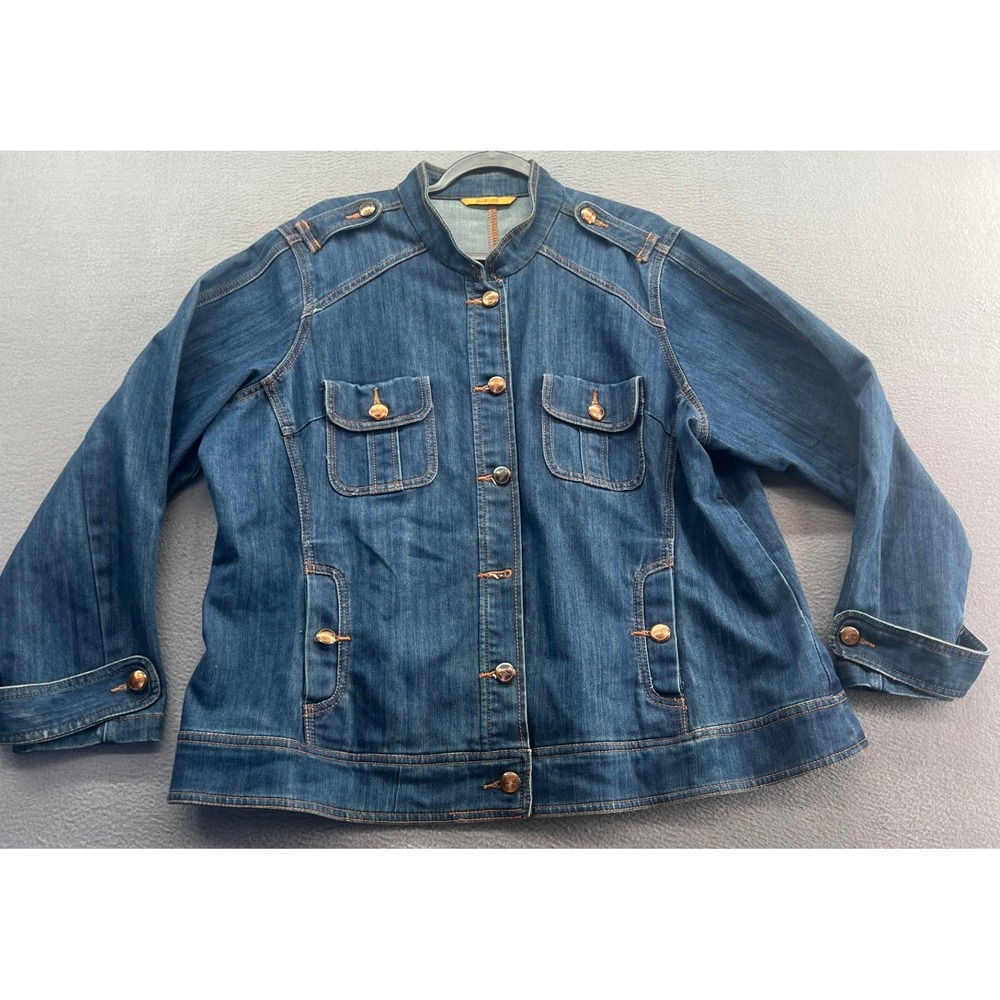 SEVEN7 LUXE Denim Jacket Womens Sz L Blue Mandarian Collar Button Front Pockets